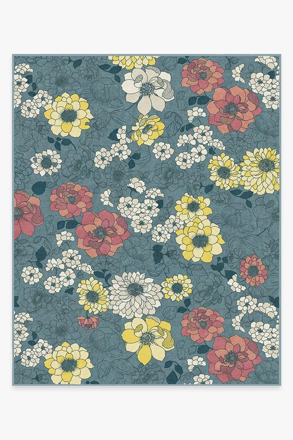Floret Teal Blue Rug 8'x10' | Stain-Resistant