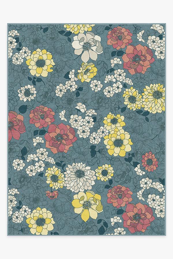 Floret Teal Blue Rug 9'x12' | Stain-Resistant