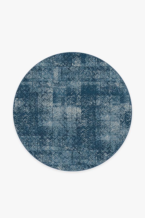 Herringbone Batik Ocean Blue Rug 6' Round | Stain-Resistant