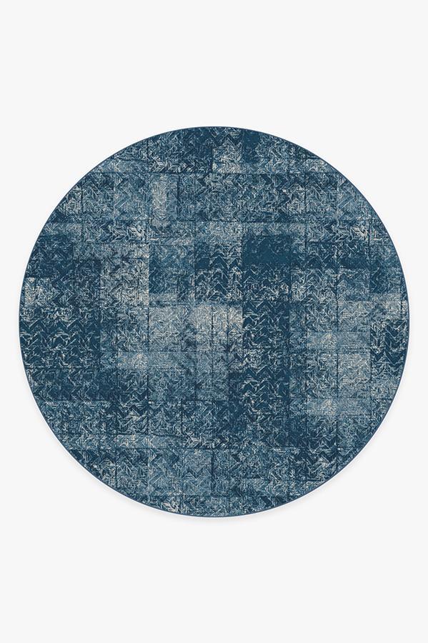 Herringbone Batik Ocean Blue Rug 8' Round | Stain-Resistant