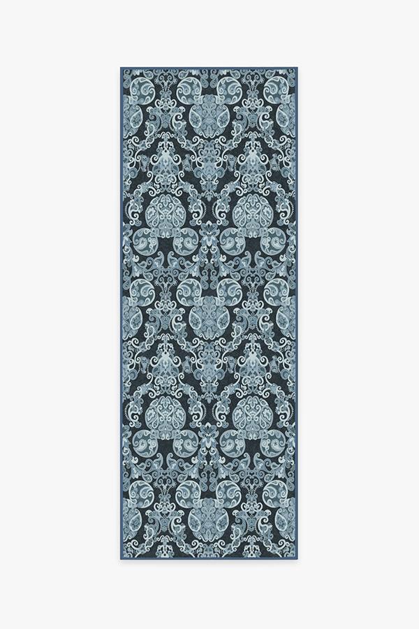 Mickey Damask Navy Rug 2.5'x7' | Stain-Resistant