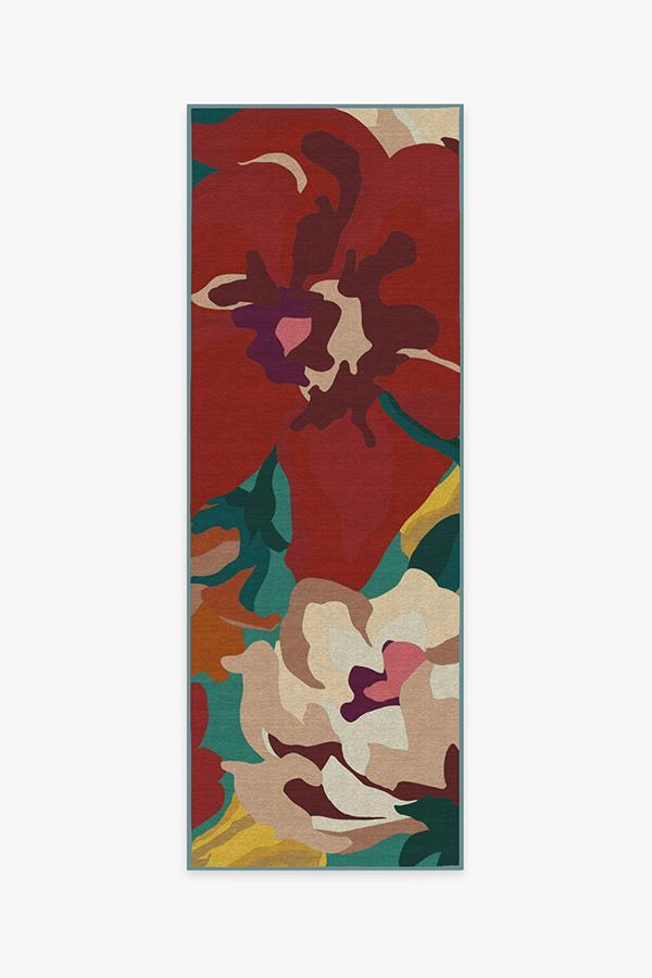 Poppy Floral Turquoise Rug 2.5'x7' | Stain-Resistant