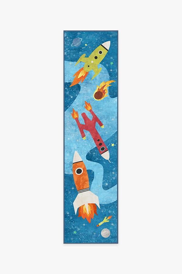 Rocket Ships Space Blue Rug 2.5'x10' | Stain-Resistant
