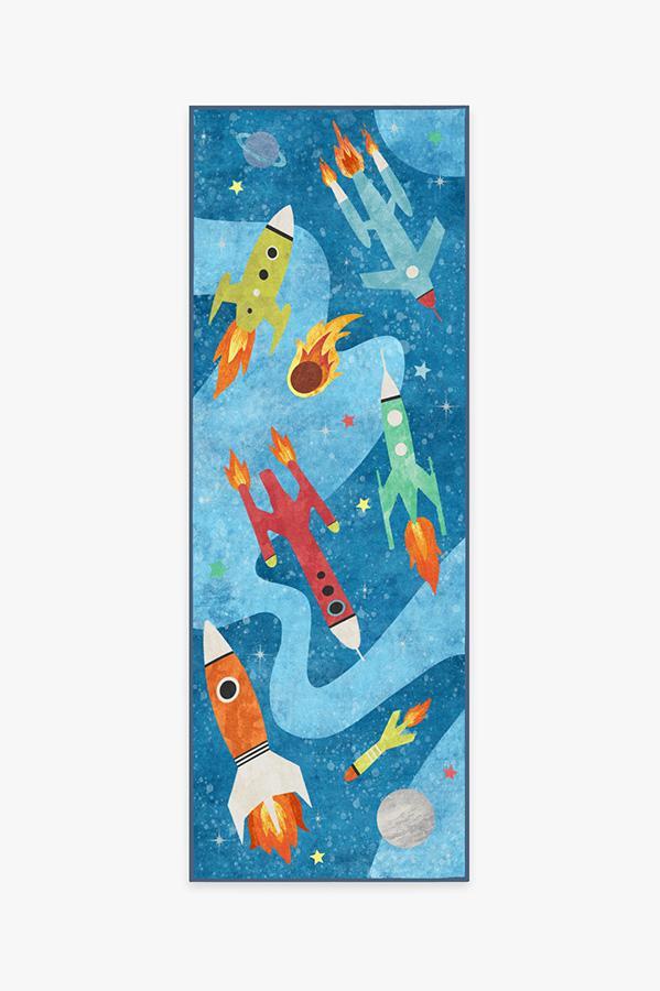 Rocket Ships Space Blue Rug 2.5'x7' | Stain-Resistant