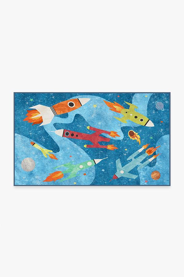 Rocket Ships Space Blue Rug 3'x5' | Stain-Resistant