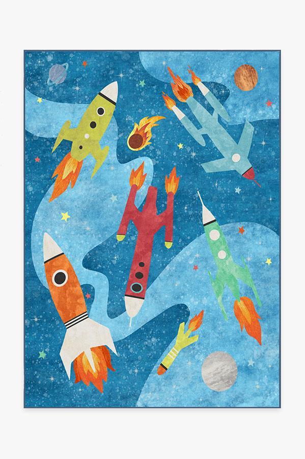 Rocket Ships Space Blue Rug 5'x7' | Stain-Resistant