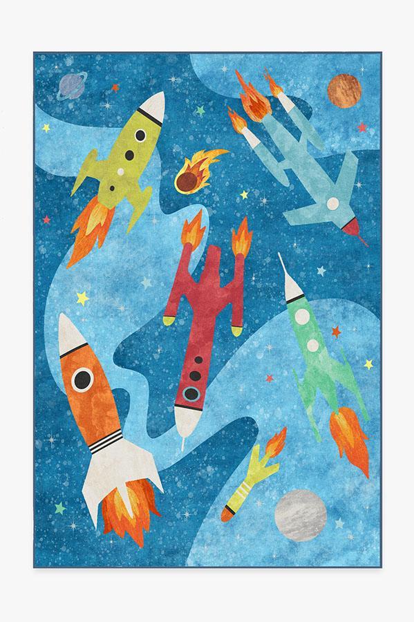Rocket Ships Space Blue Rug 6'x9' | Stain-Resistant
