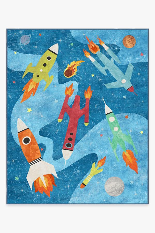 Rocket Ships Space Blue Rug 8'x10' | Stain-Resistant