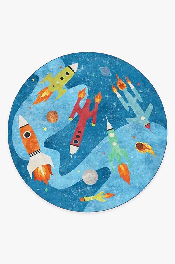 Rocket Ships Space Blue Rug 8' Round | Stain-Resistant