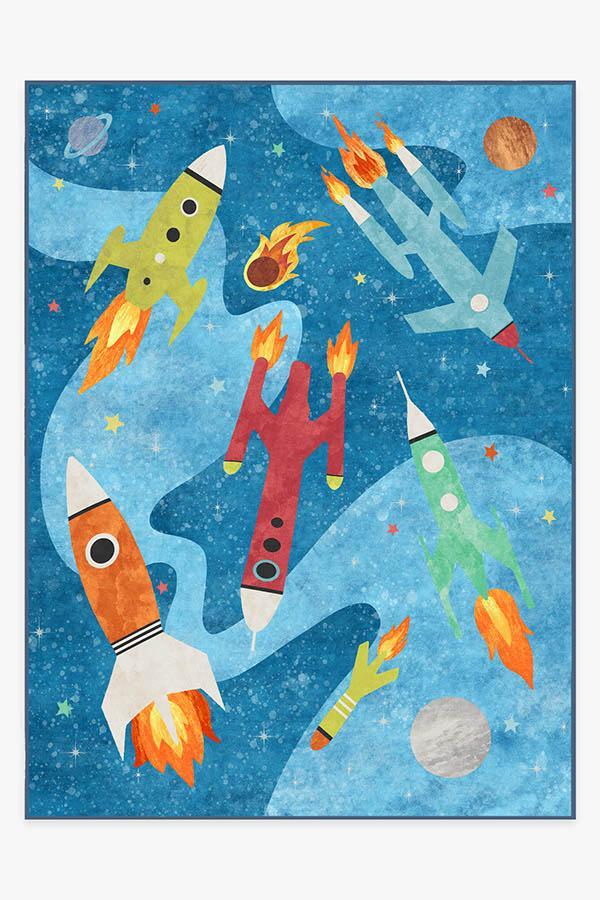 Rocket Ships Space Blue Rug 9'x12' | Stain-Resistant