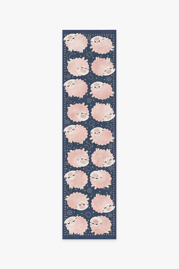 Sleepy Sheep Navy Pink Rug 2.5'x10' | Stain-Resistant