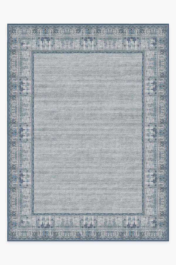 Vintage Daisy Bordered Blue Rug 9'x12' | Stain-Resistant