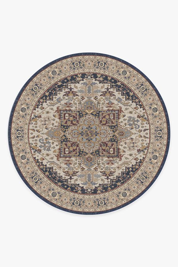 Vintage Heriz Ivory Blue Rug 8' Round | Stain-Resistant