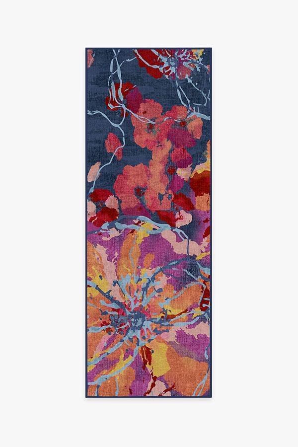 Watercolor Floral Navy Rug 2.5'x10' | Stain-Resistant