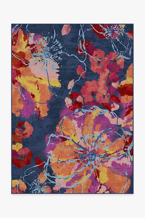 Watercolor Floral Navy Rug 5'x7' | Stain-Resistant