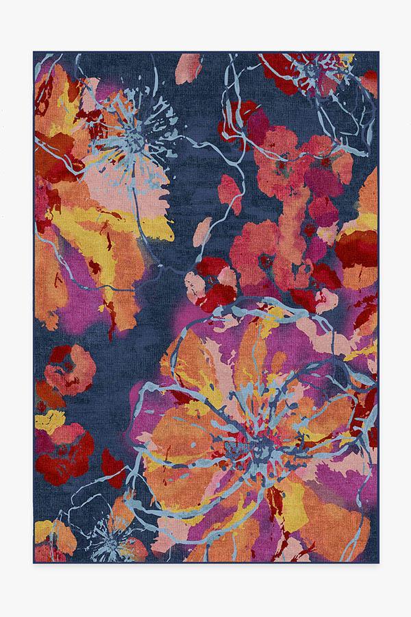 Watercolor Floral Navy Rug 6'x9' | Stain-Resistant