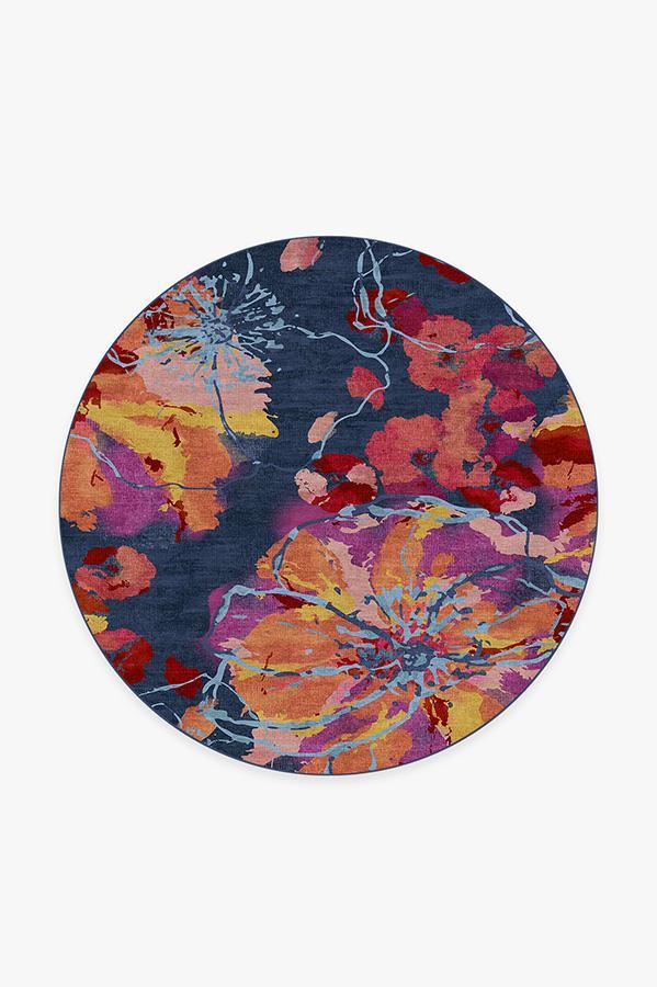 Watercolor Floral Navy Rug 6' Round | Stain-Resistant