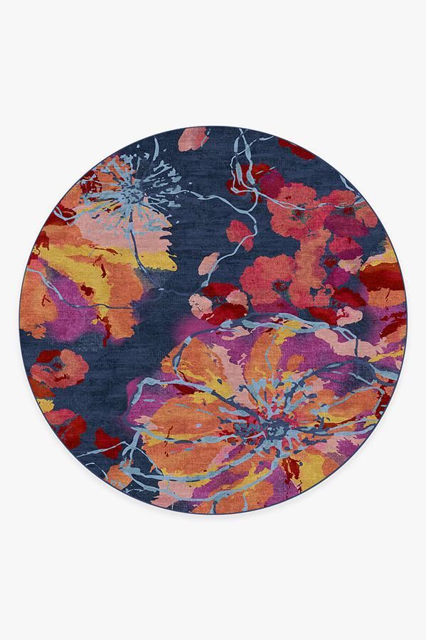 Watercolor Floral Navy Rug 8' Round | Stain-Resistant