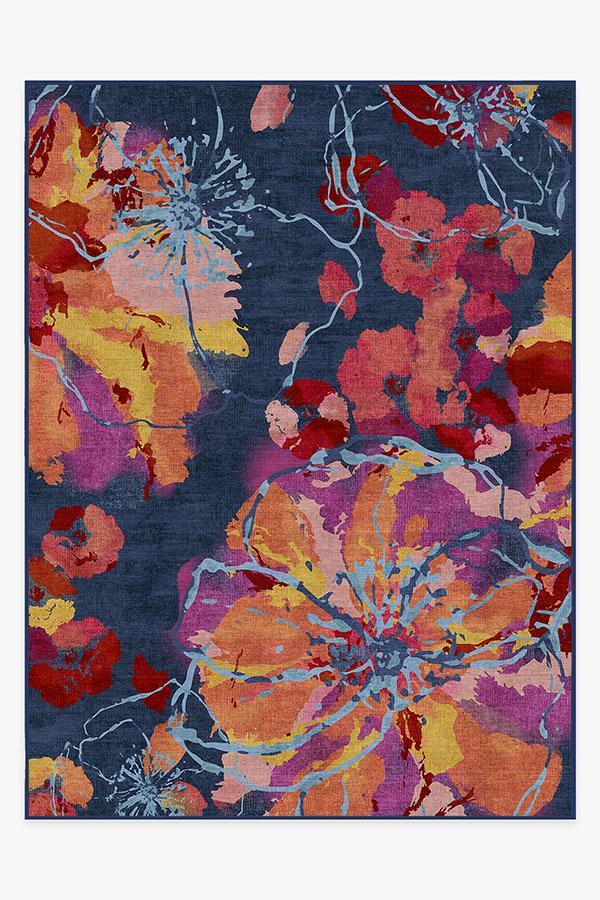Watercolor Floral Navy Rug 9'x12' | Stain-Resistant