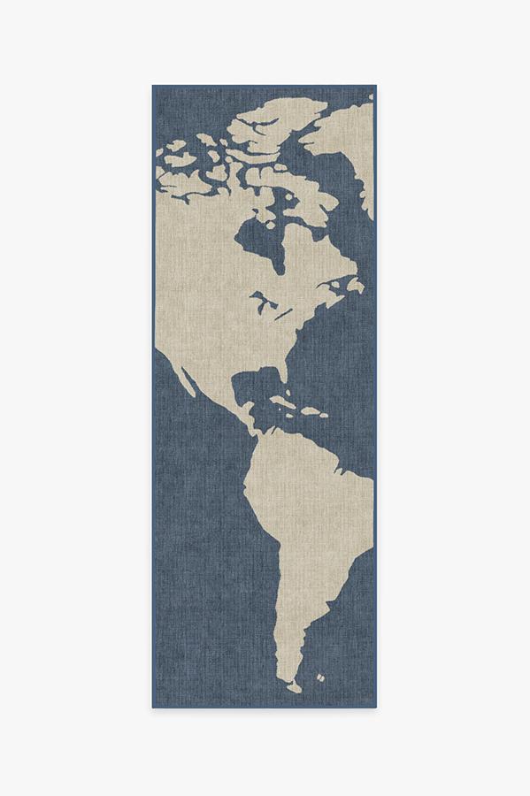 World Map Blue Rug 2.5'x10' | Stain-Resistant