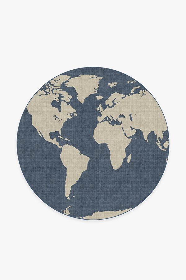 World Map Blue Rug 6' Round | Stain-Resistant