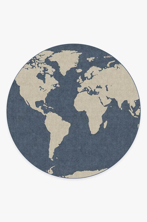 World Map Blue Rug 8' Round | Stain-Resistant
