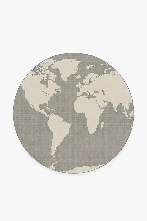 World Map Charcoal Rug 6' Round | Stain-Resistant