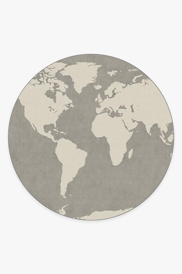 World Map Charcoal Rug 8' Round | Stain-Resistant