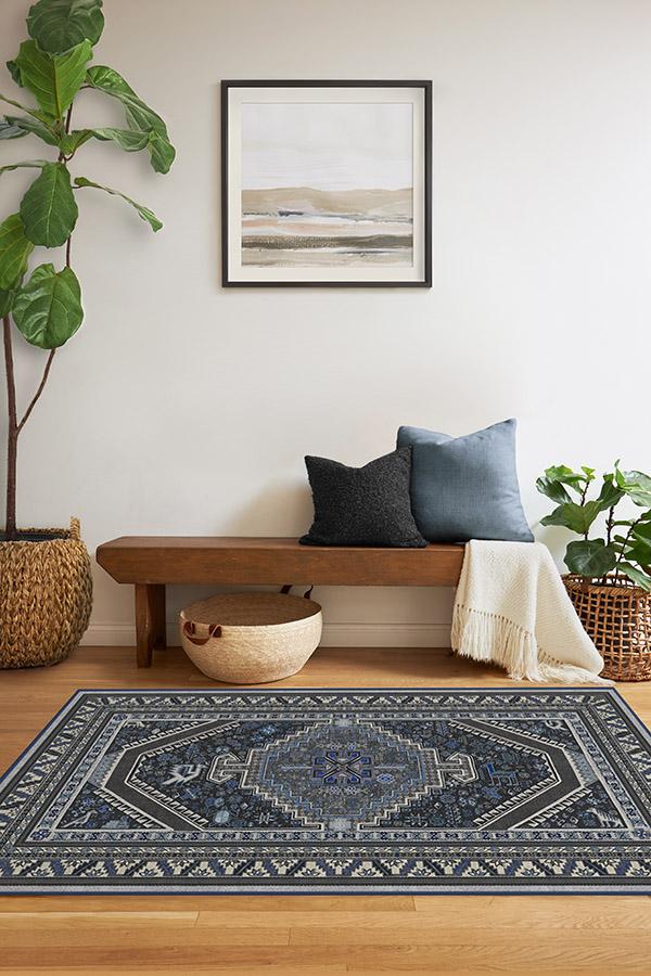 Zareen Steel Blue Rug 3'x5' | Stain-Resistant